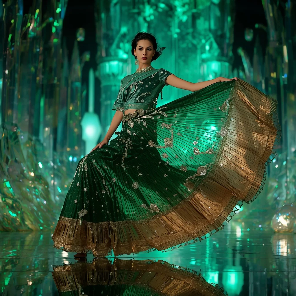 Emerald Aurora Inferno Saree with Floating Crystal Cathedral | Beautiful Woman Ai Prompt