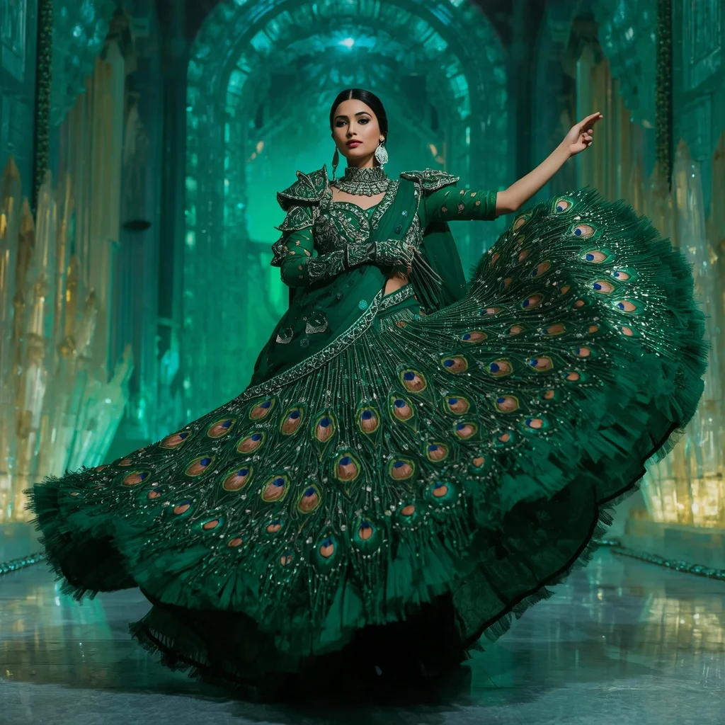Emerald Aurora Peacock Saree – Heavy Artistic Festival Saree with Twirl Pose and Aurora Peacock Crystal Fortress Background | Ai Prompt For Instagram