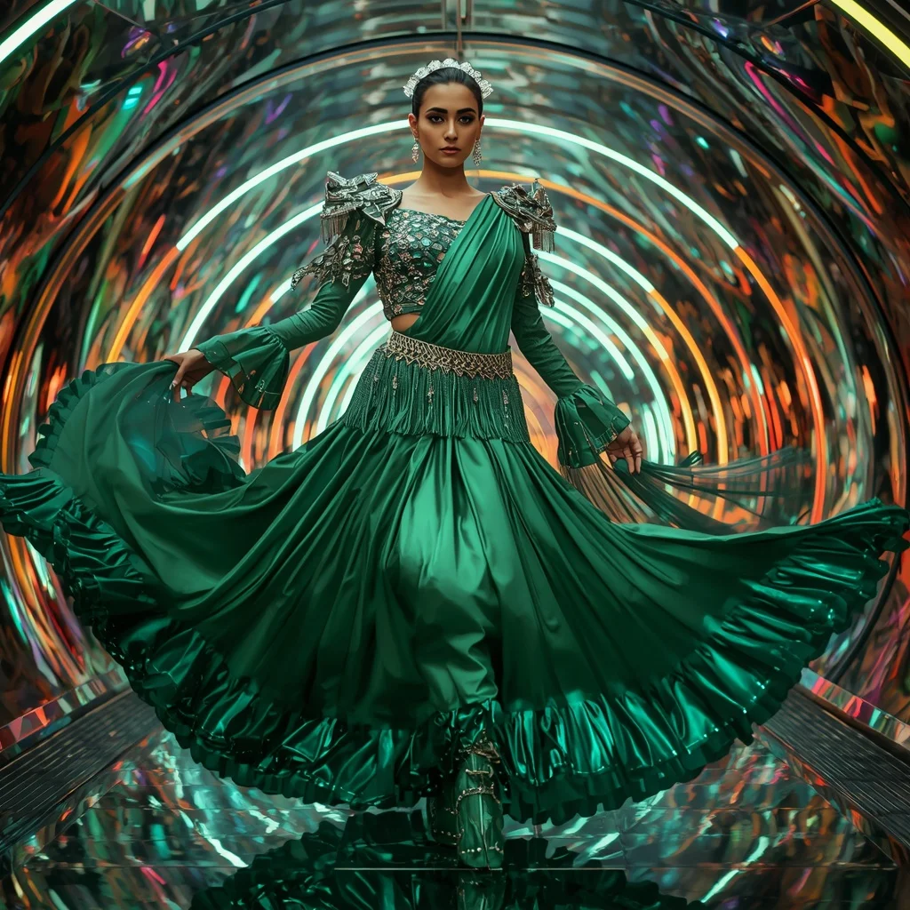 Emerald Aurora Queen Saree with Quantum Reflection Crystal Corridor | Modern Design Ai Prompt