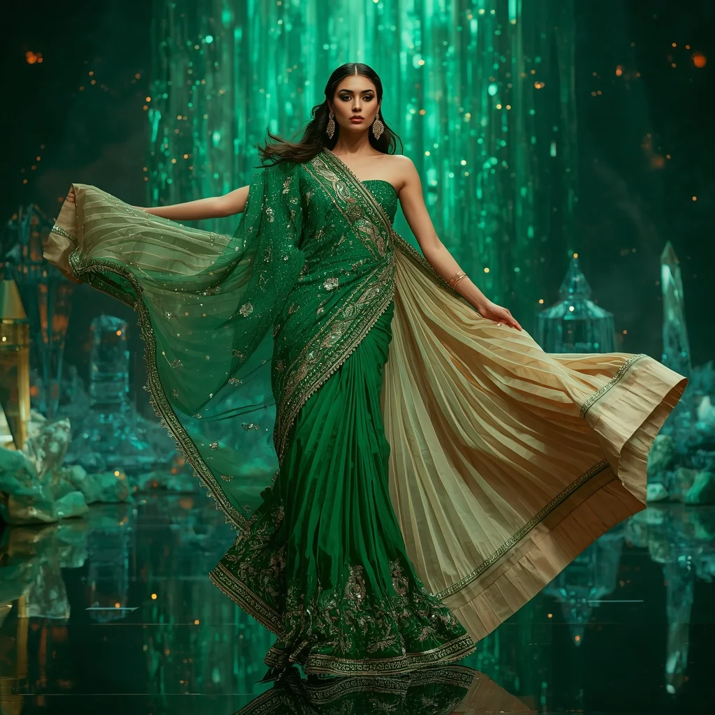 Emerald Aurora Royale Saree with Floating Crystal Empire | Gemini Ai Prompt
