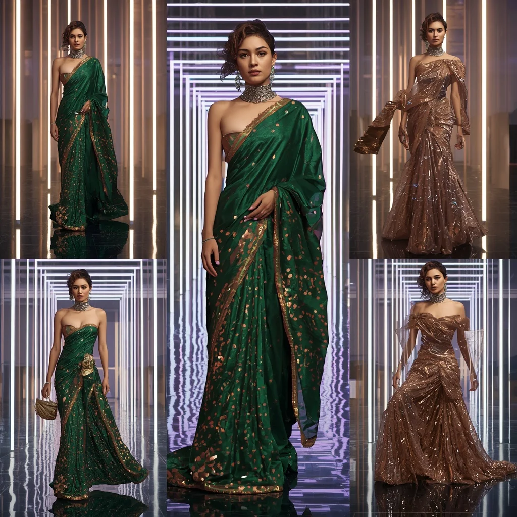 Emerald Aurora Saree with Floating Neon Prism Infinity Cathedral | Prompt Gemini
