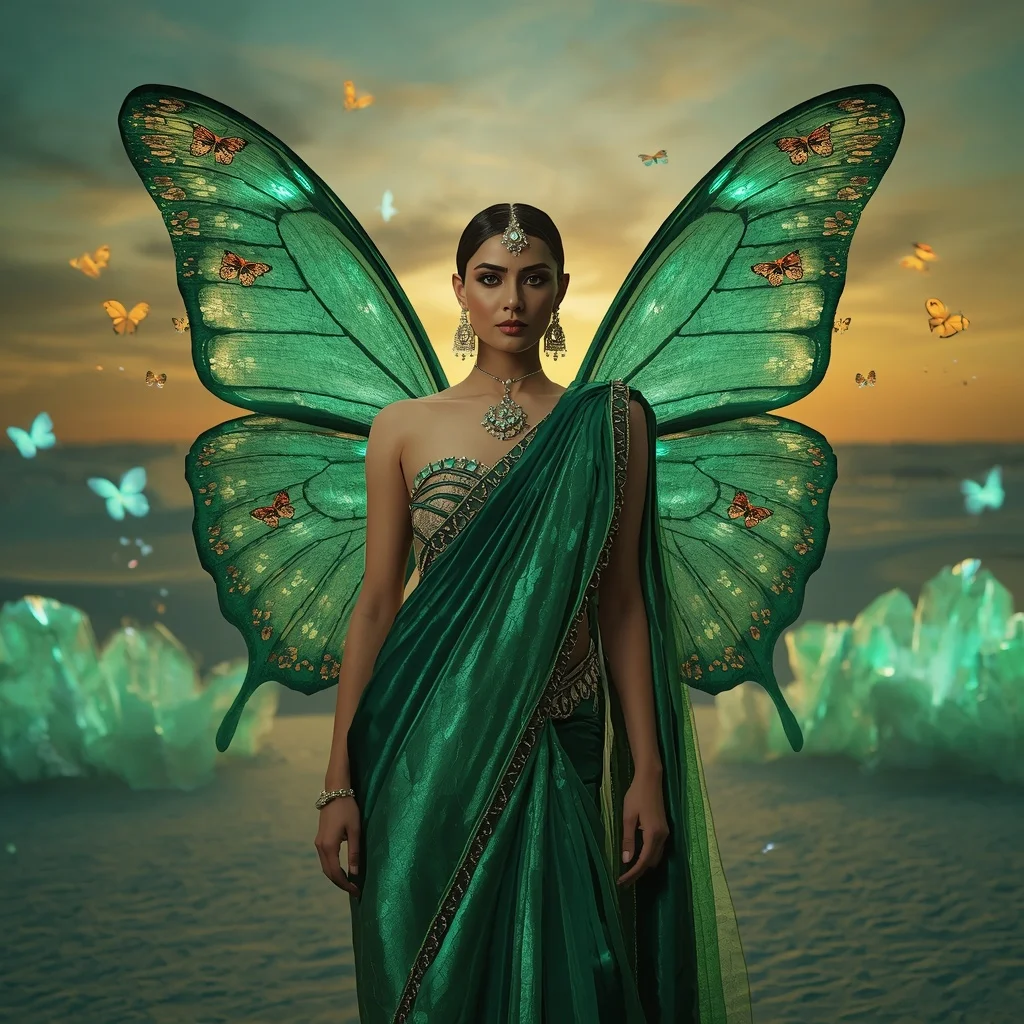Emerald Butterfly Mirage Saree Couture Frames with Jewel Desert Palace Background | 3d Animation Ai Prompt