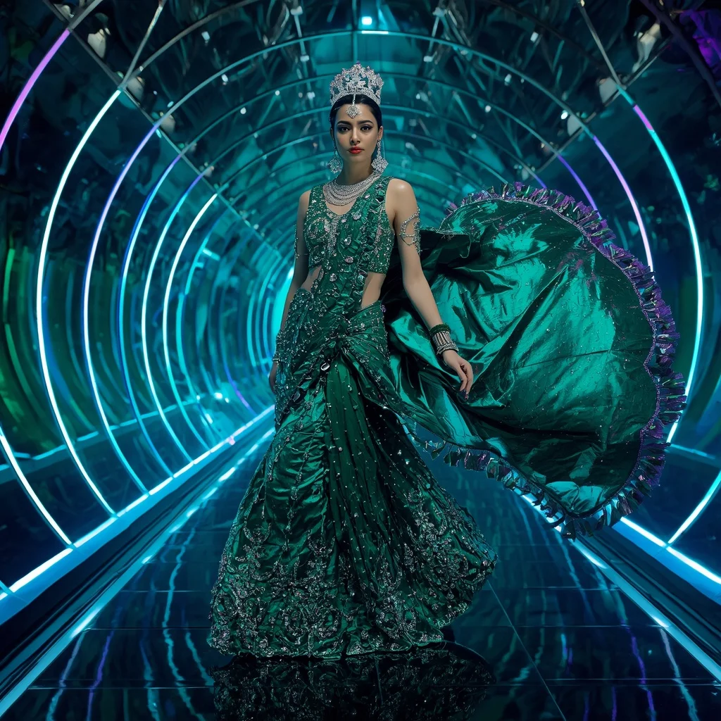 Emerald Celestial Titanqueen Festival Saree with Neon Crystal Aurora Crown Elysium Vault | Gemini Ai Prompt For Instagram