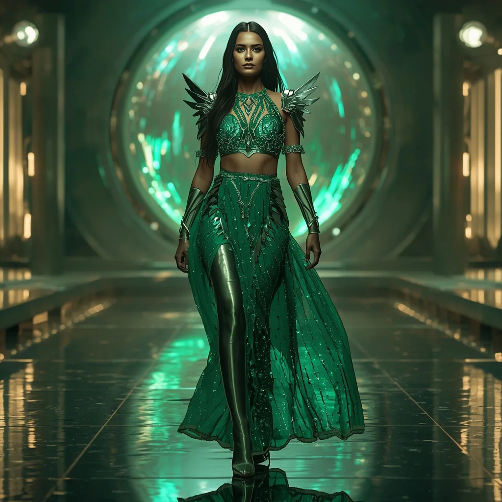 Emerald Cosmic Blade Apex Armor Saree with Floating Prism Collapse Quantum Reactor Dome Nexus Singularity Core System Field | Trending Prompt Girls Traditional