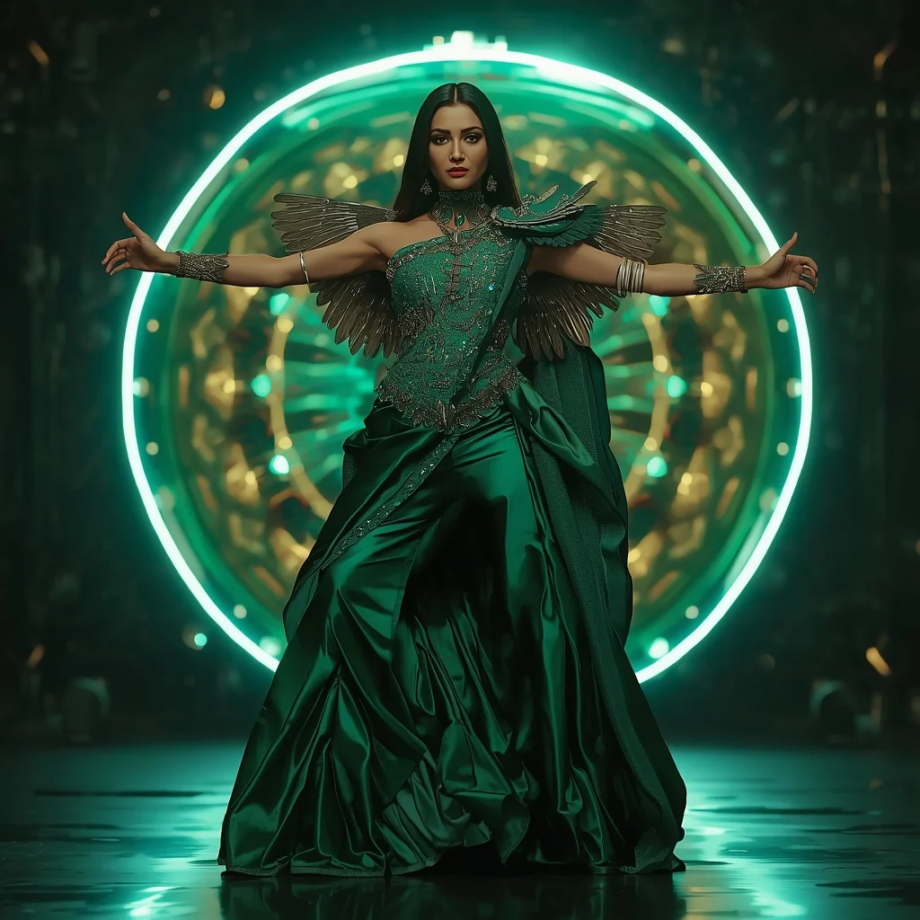 Emerald Cosmic Blade Apex Quantum Armor Saree with Floating Prism Collapse Reactor Dome Nexus Singularity Core | Prompt Seen Girl Photo Editing Chatgpt Download
