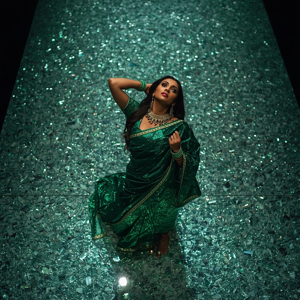 Emerald Crushed Foil Saree – Overhead Dramatic Angle with Crushed Glass Floor | Prompt For Gemini AI Girl Style Trending Instagram
