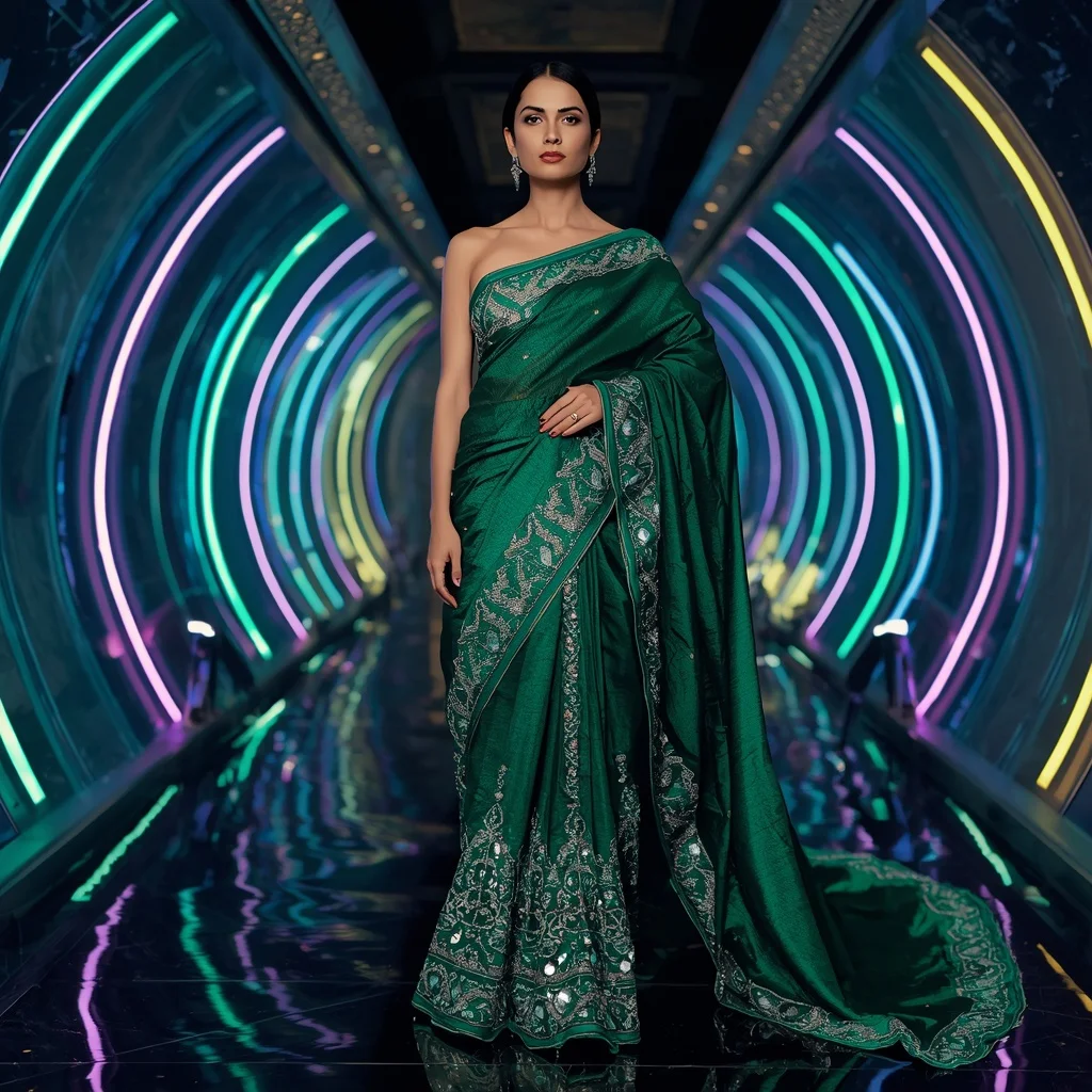 Emerald Crystal Armor Saree with Futuristic Curve Gallery | Grok Ai Prompt