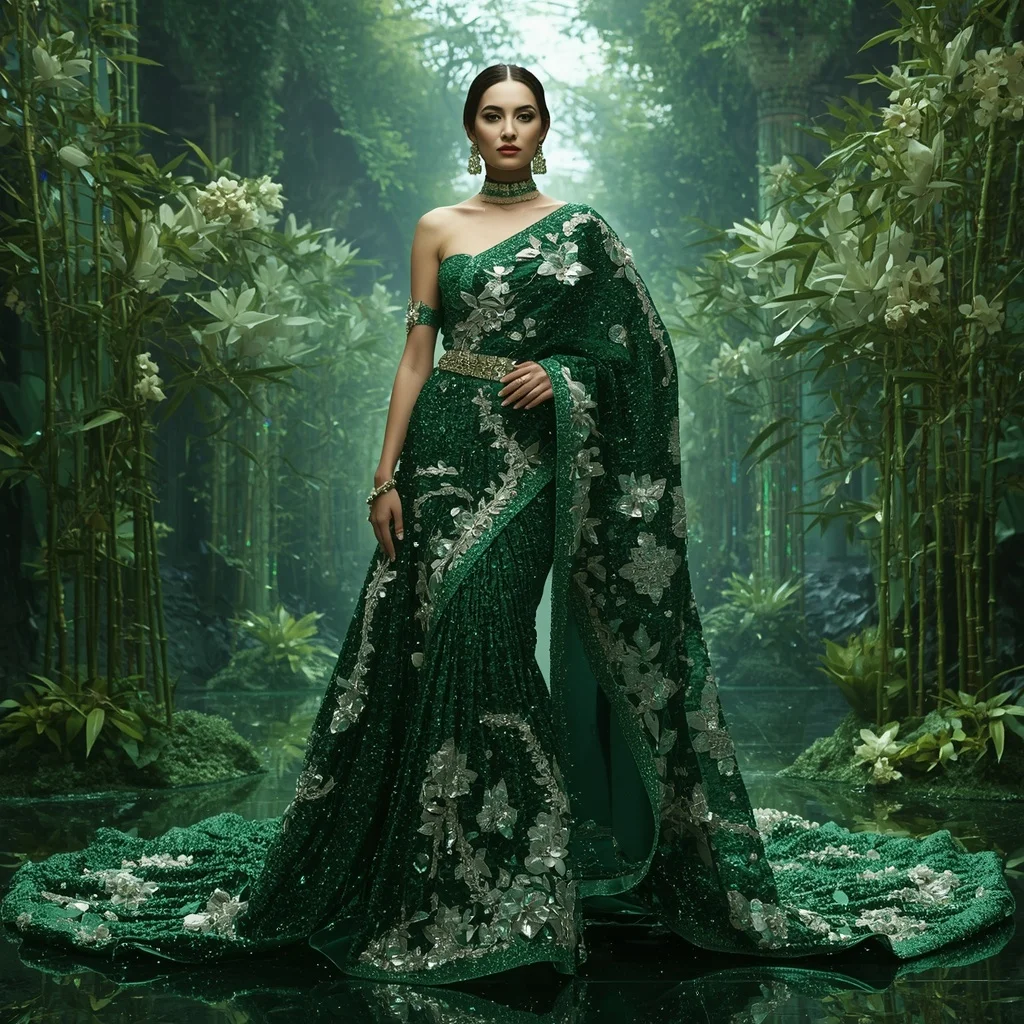 Emerald Crystal Bamboo Saree with Prism Forest Corridors and Royal Nature Citadel | Woman Pose Ai Prompt