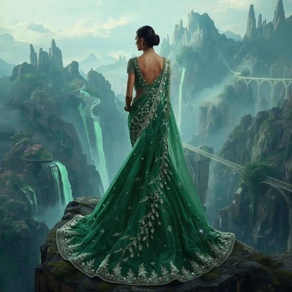Emerald Crystal Bridge Saree with Floating Valley Kingdom | Prompt For Gemini Ai Girl Model Instagram