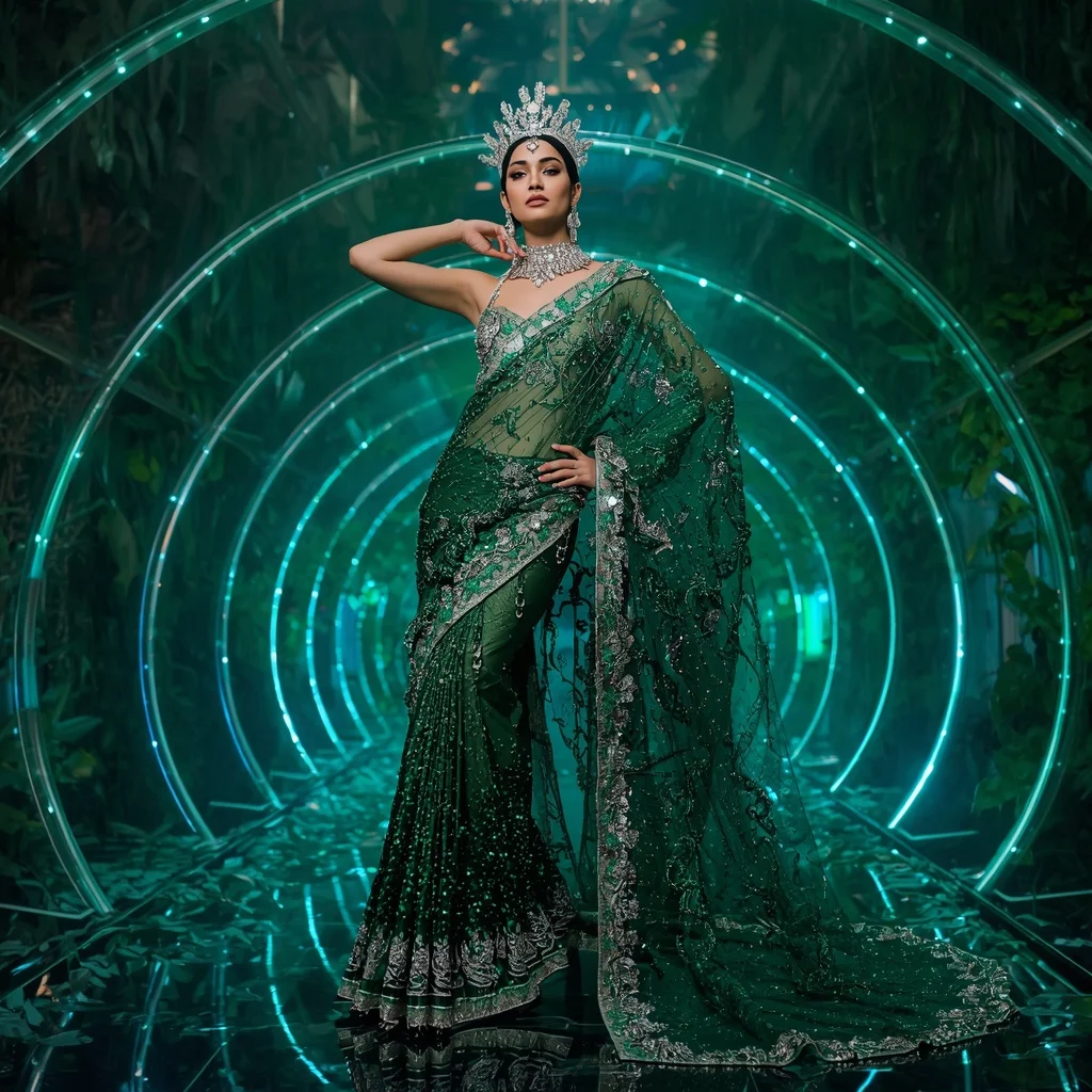 Emerald Crystal Vine Saree with Botanical Prism Crown Pavilion | Prompt For Gemini AI Girl Model