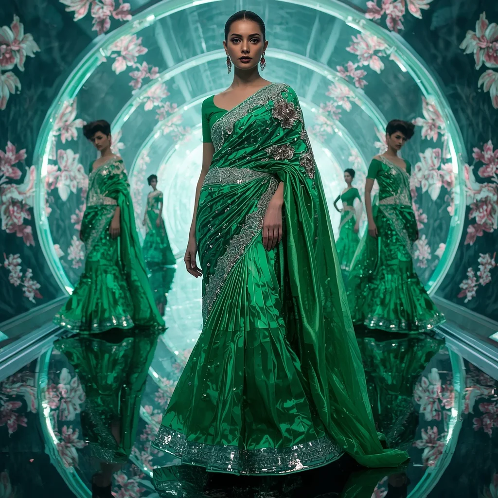 Emerald Cyber Lotus Saree with Floating Laser Citadel | Saree Prompt