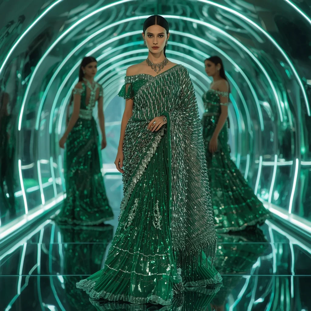 Emerald Cyber Mirage Saree with Curved Neon Infinity Crystal Hall | Gemini Photo Prompt