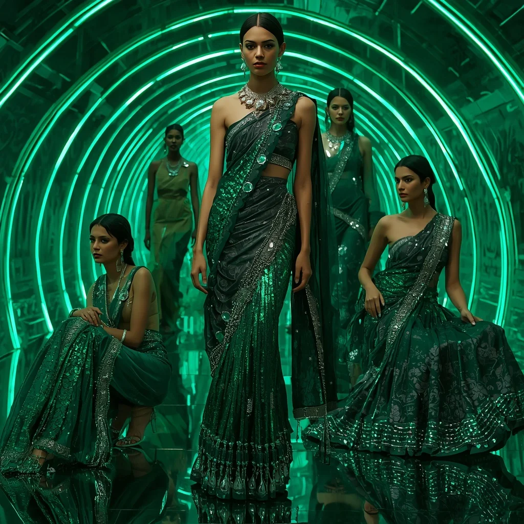 Emerald Cyber Mirage Saree with Curved Neon Infinity Sanctuary | Instagram Aesthetic Ai Prompt