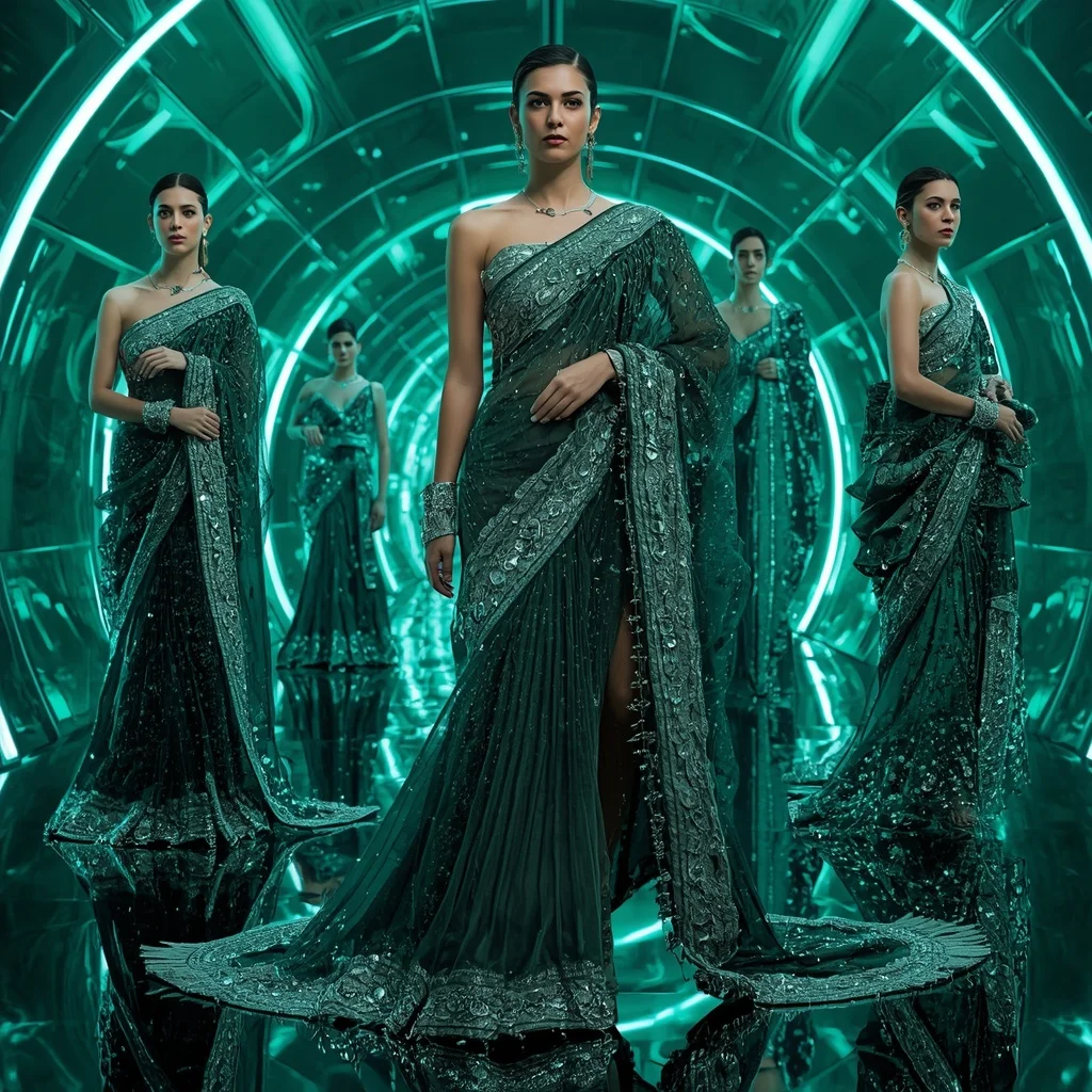 Emerald Cyber Nova Saree with Curved Neon Orbit Empire | Travel Ai Prompt