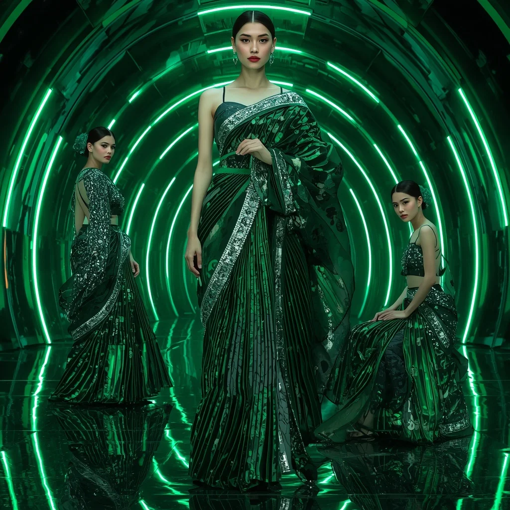Emerald Cyber Prism Saree with Curved Neon Dome | Makeup Ai Prompt