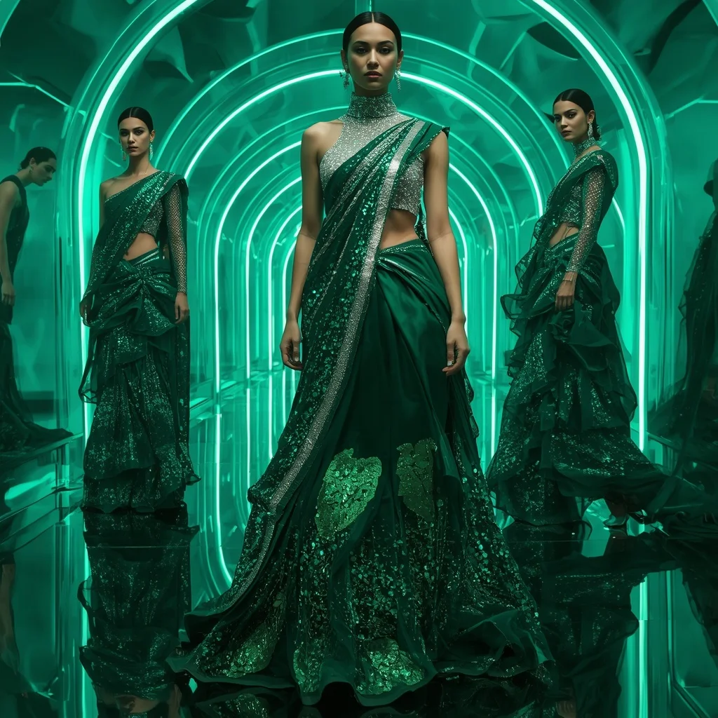 Emerald Cyber Thunder Saree with Curved Neon Corridor | New Design Ai Prompt
