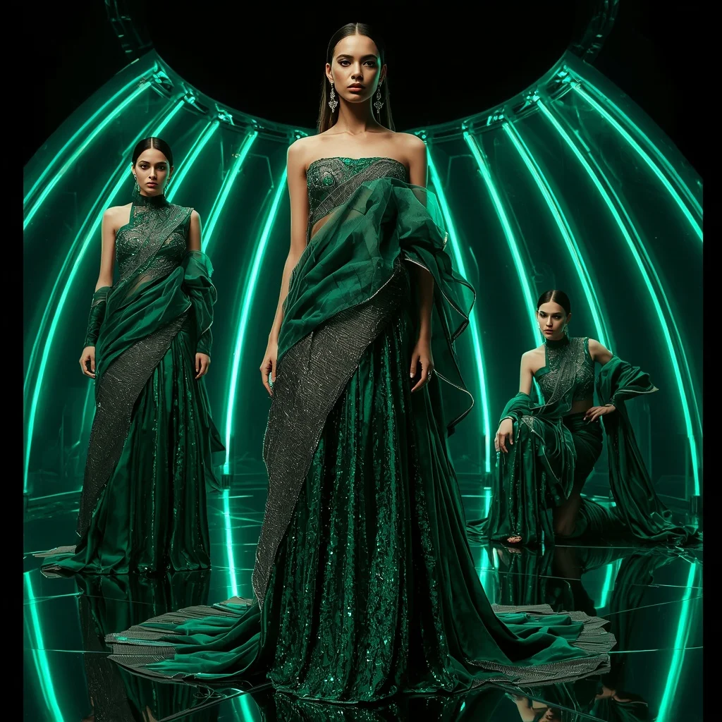 Emerald Cyber Thunder Saree with Curved Neon Dome | Trending Ai Prompt