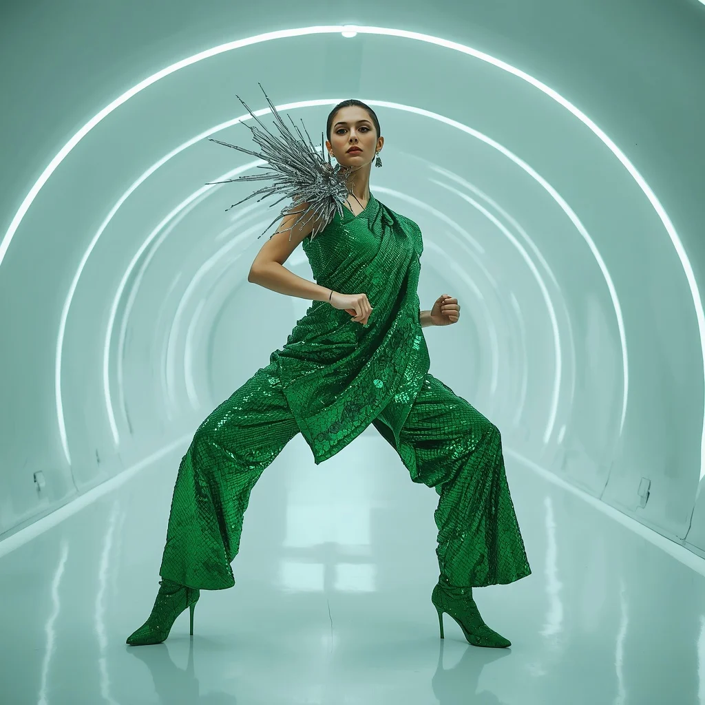 Emerald Dragon-Scale Sequin Saree in Tech Tunnel | Google Prompt