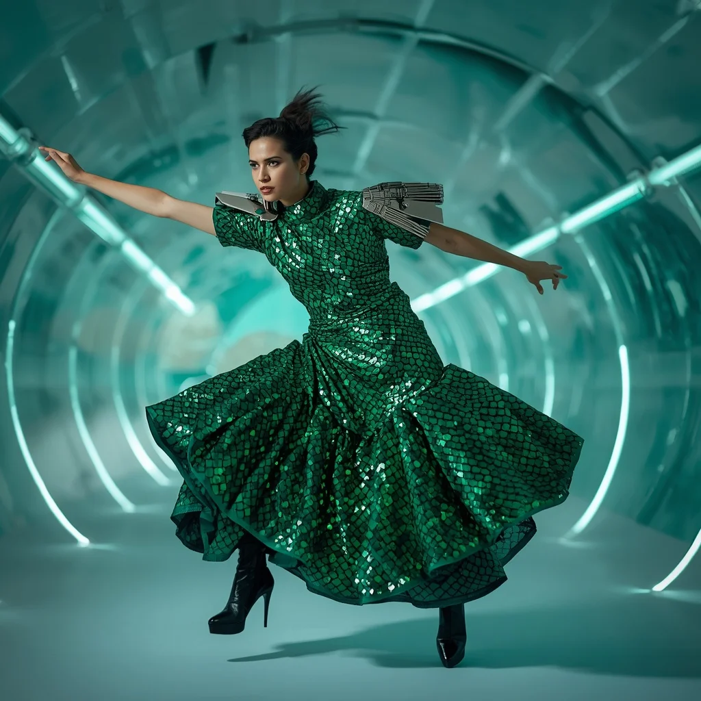 Emerald Dragon-Scale Sequin Saree with Curved Tech Tunnel | Girl Prompt