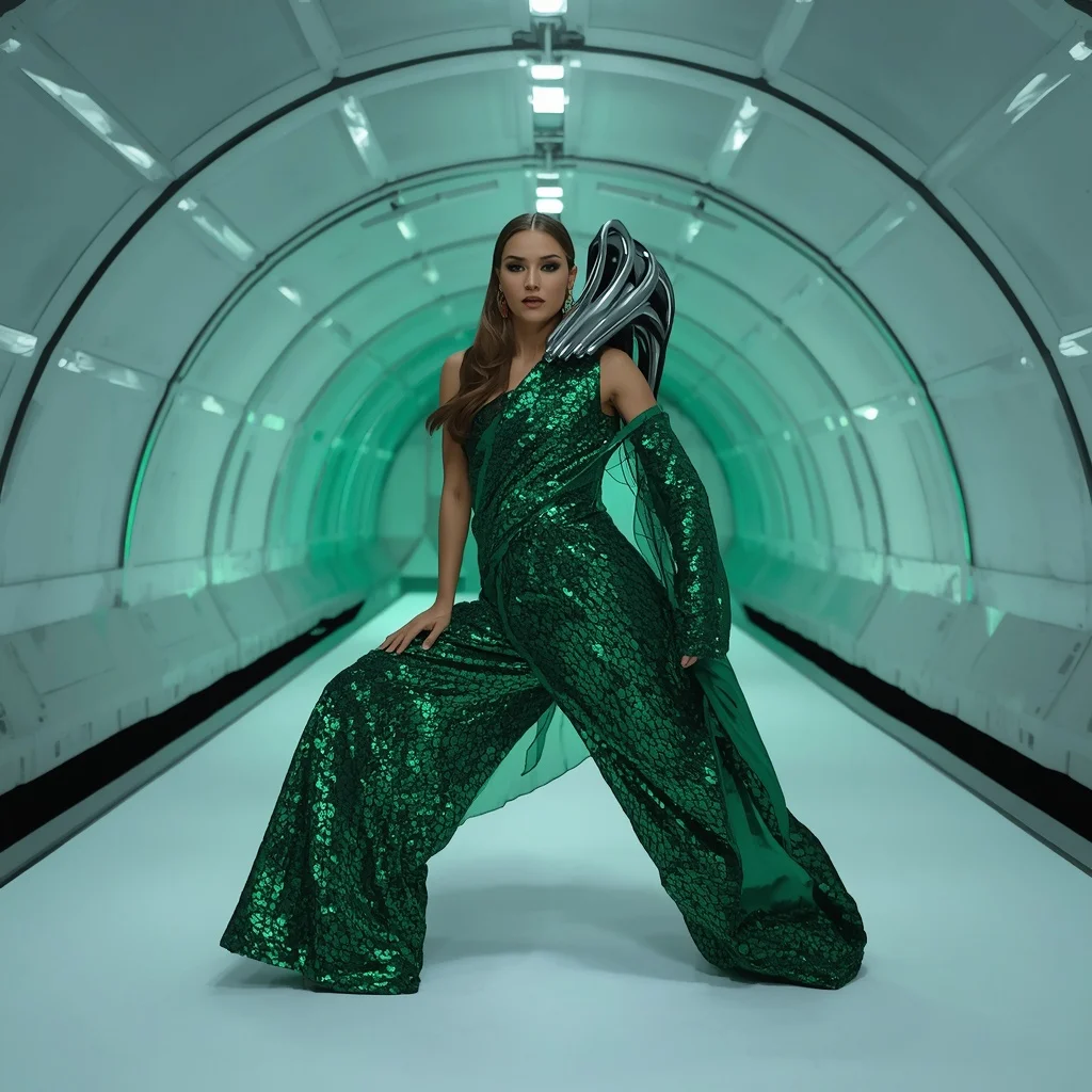 Emerald Dragon-Scale Sequin Saree with Curved Tech Tunnel | Fantasy Ai Prompt