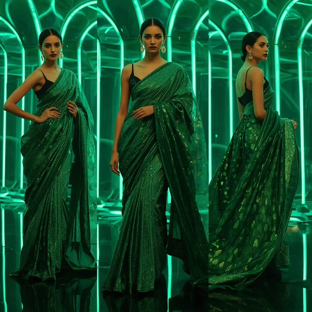 Emerald Eclipse Saree with Holographic Light Chamber | Influencers Ai Prompt