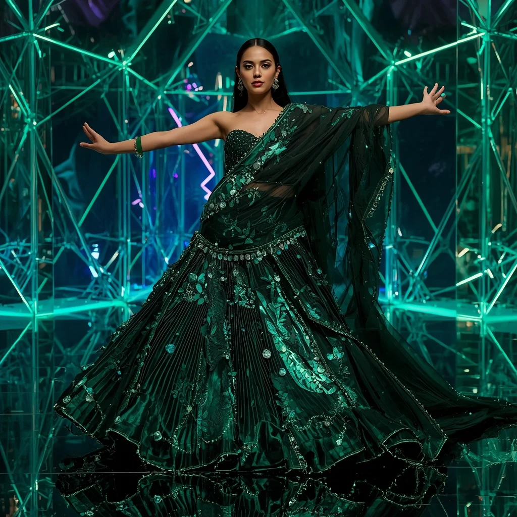 Emerald Eclipse Thunder Saree with Prism Infinity Empire | Gemini Prompt