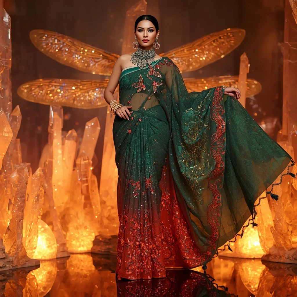 Emerald Fire Dragonfly Saree – Heavy Artistic Festival Saree with Twirl Pose and Burning Dragonfly Crystal Garden Background | Image Prompt