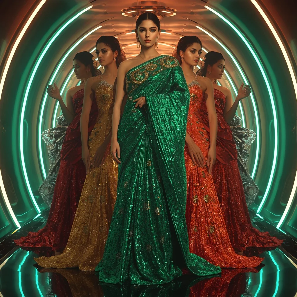 Emerald Fire Hyperverse Saree with Multi Pose Fashion Story and Neon Palace Eternal Hyperverse | Art Ai Prompt