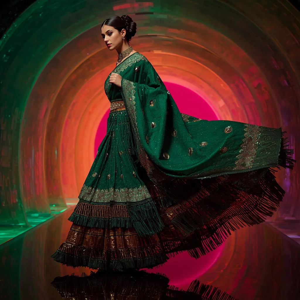 Emerald Firestorm Mirror Saree with Curved Plasma Kingdom | Art Ai Prompt