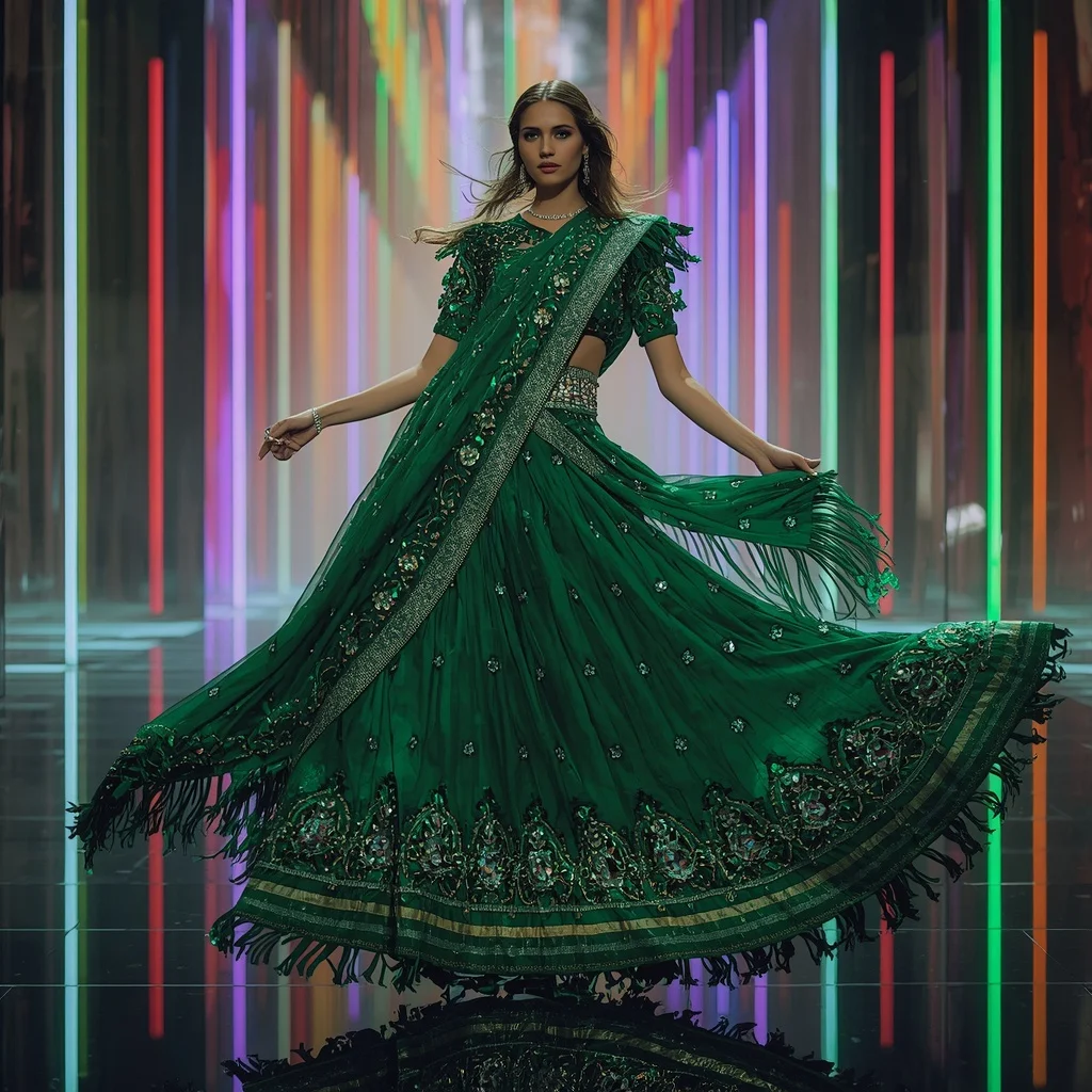 Emerald Flame Royale Saree with Quantum Prism Reflection Cathedral | Girl Photo Prompt Gemini