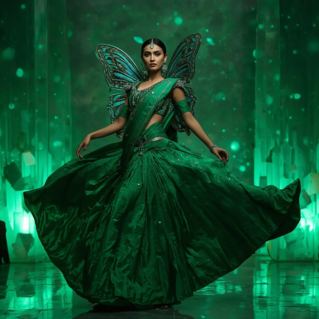 Emerald Galaxy Butterfly Saree – Heavy Artistic Festival Saree with Twirl Pose and Galaxy Butterfly Crystal Fortress Background | Character Design Ai Prompt