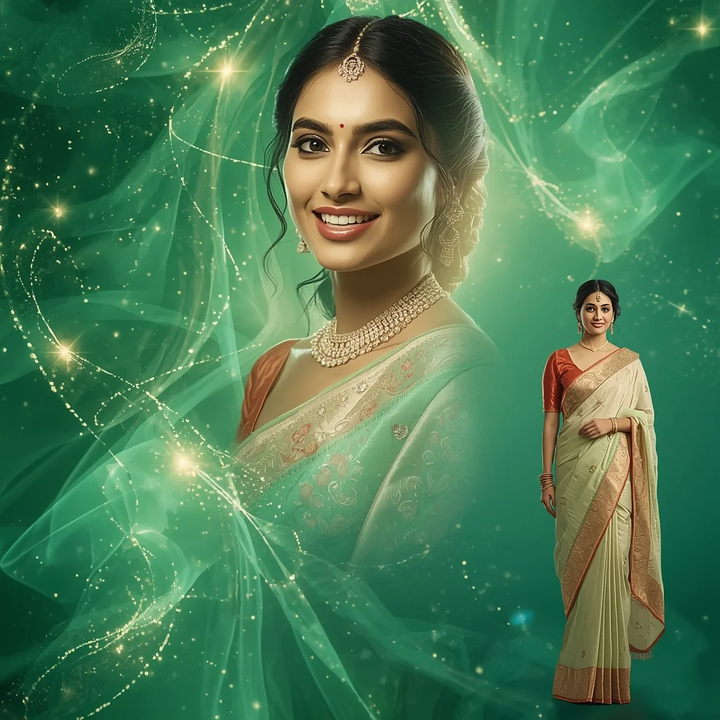 Emerald Glow Cascade Pastel Saree Indian Woman Luxury Collage | Instagram Trending Prompt Copy And Paste