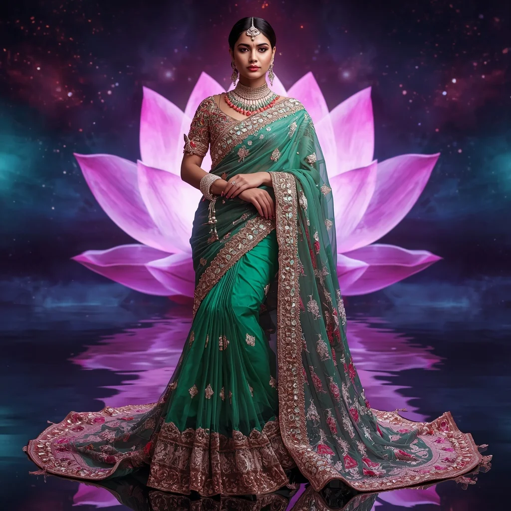 Emerald Halo Crownserene Saree with Infinity Lotus Prismrealm and Neon Dynasty Auroraforts | Back Pose Girl Ai Prompt
