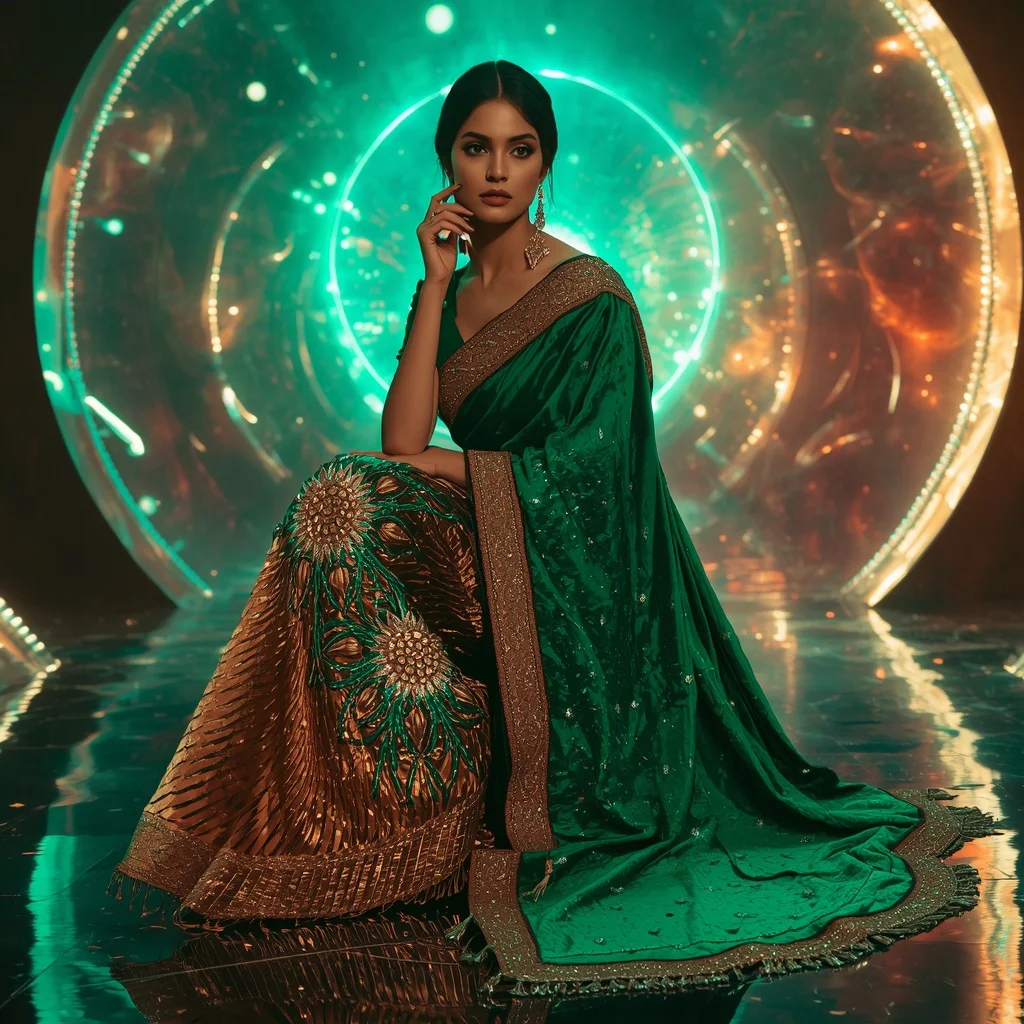 Emerald Inferno Eclipse Saree with Holographic Solar Orbit Universes | Prompt Seen Trending Girl 2026 Chatgpt