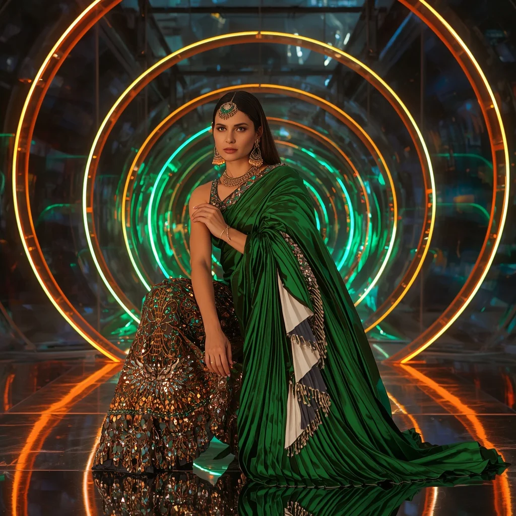 Emerald Inferno Eclipse Saree with Holographic Solar Palace Rings | Prompt Seen Trending Girl AI Photo