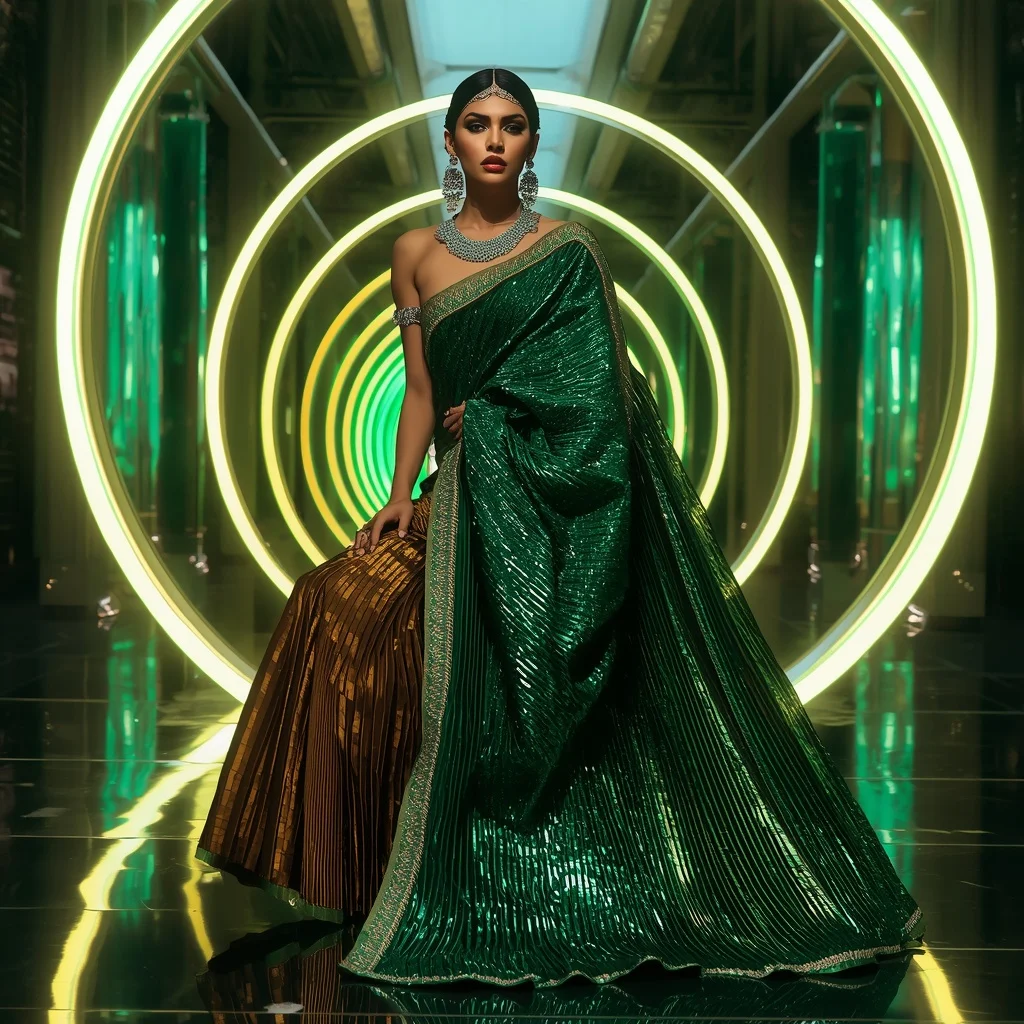 Emerald Inferno Mirage Saree with Holographic Solar Infinity Rings | Influencer Ai Prompt