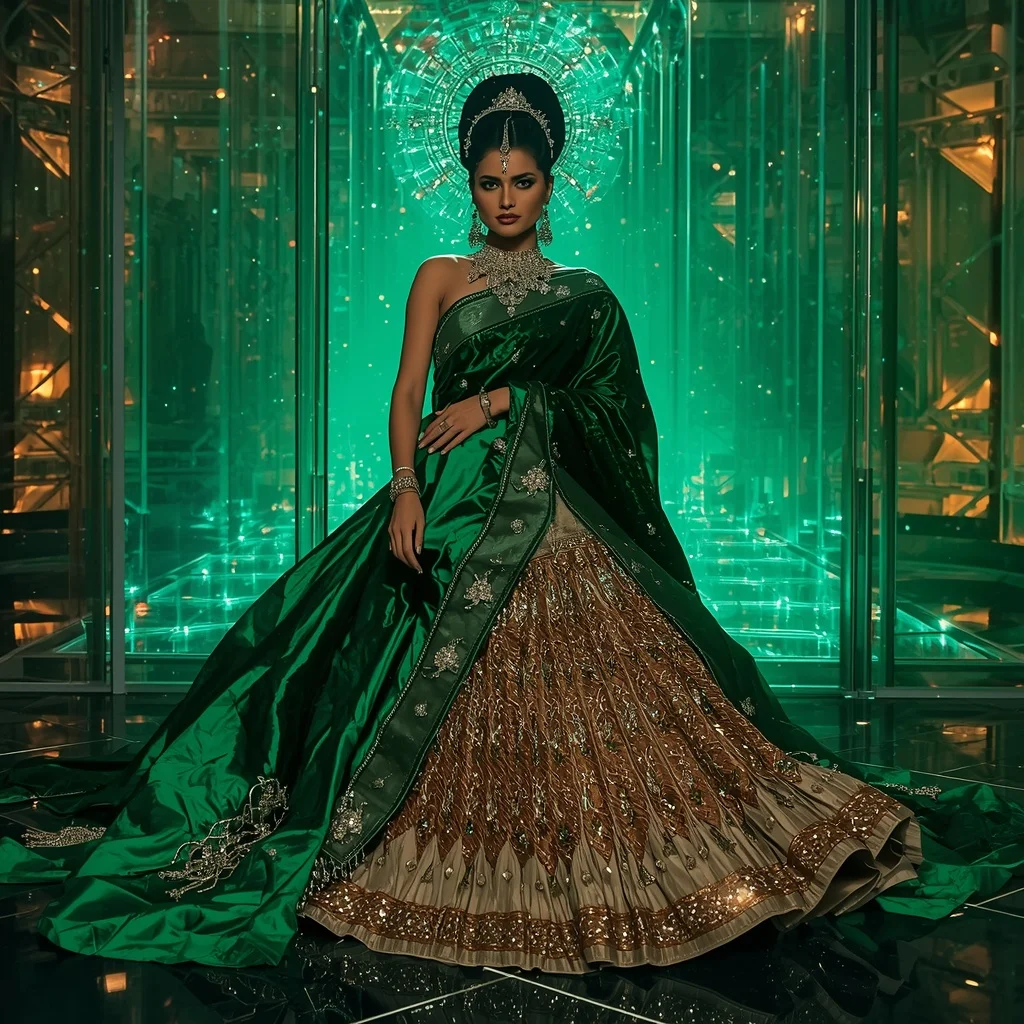 Emerald Inferno Quantum Saree with Holographic Solar Crown Dimensions | Prompt For Gemini