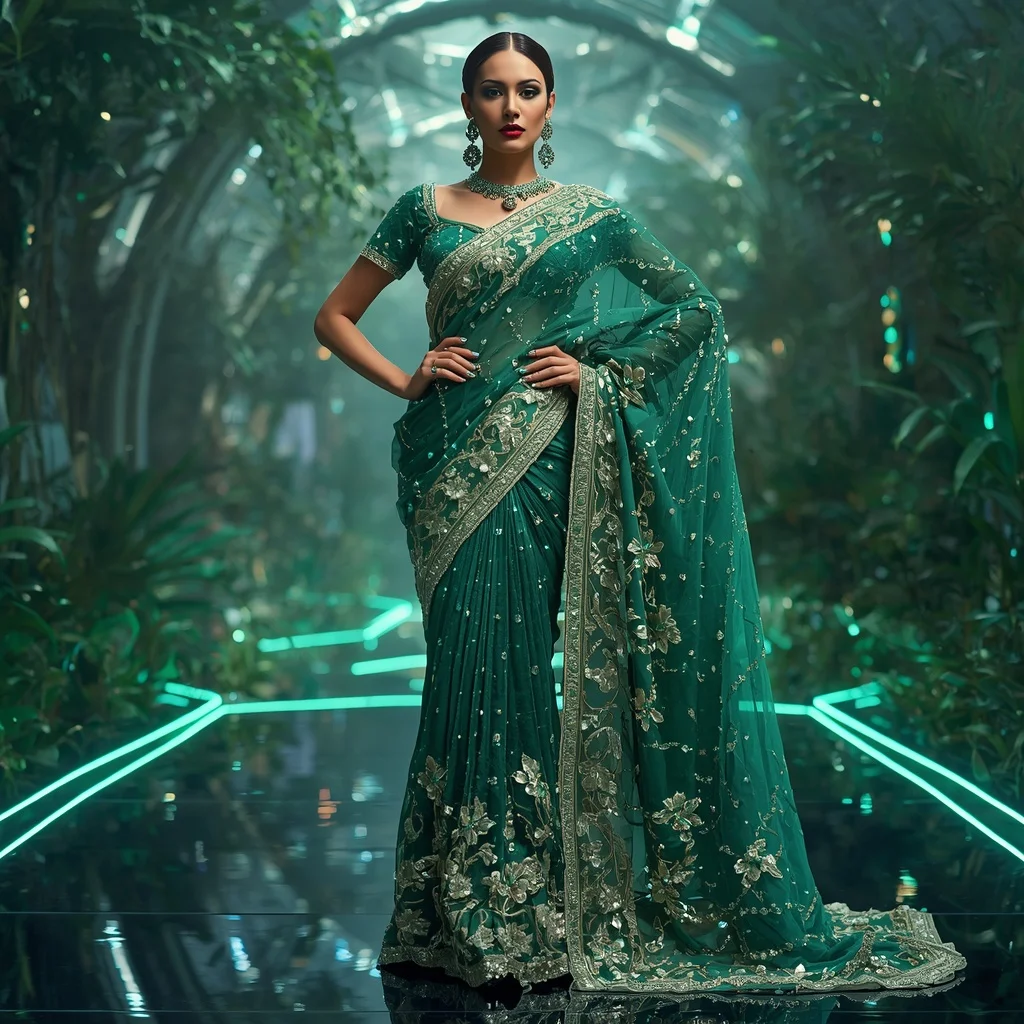 Emerald Jewel Garden Saree with Botanical Prism Infinity Palace | Instagram Girl Gemini Prompt