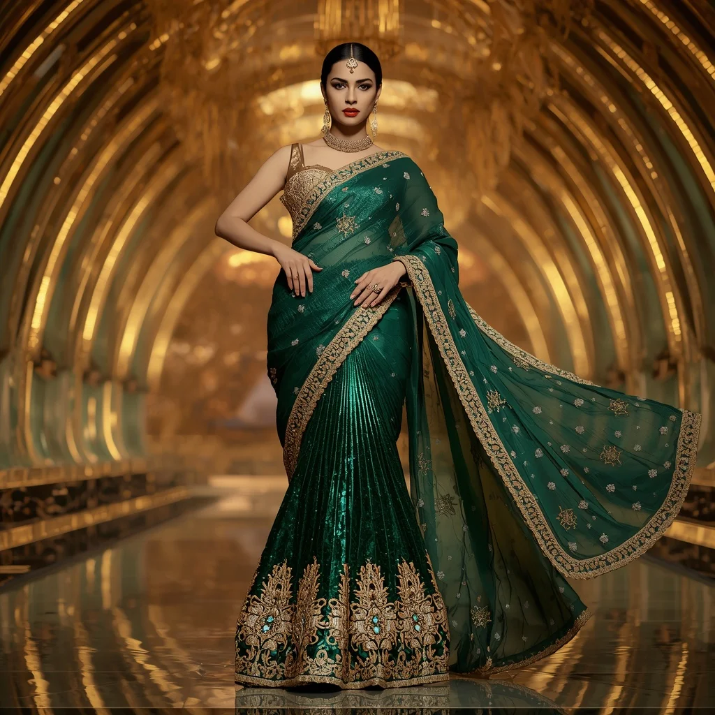 Emerald Lotus Crown Saree with Golden Infinity Empire Hall | Prompt Image