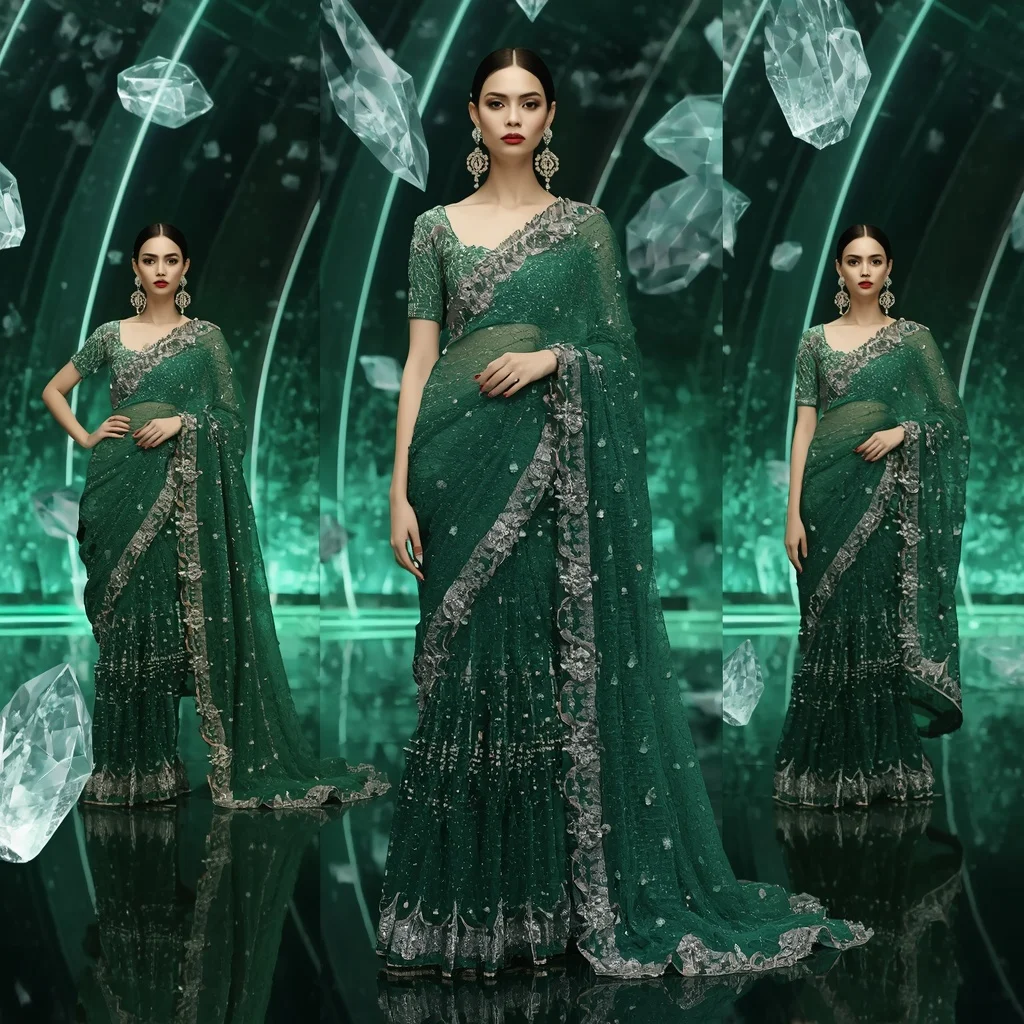 Emerald Moonlight Prism Saree with Floating Halo Crystal Palace | Prompt Trending Girl 2026