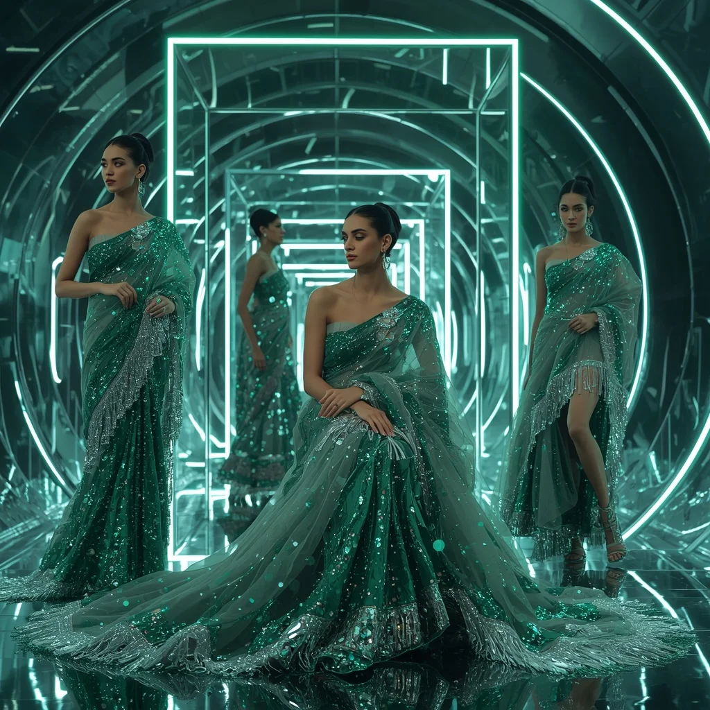 Emerald Moonlight Prism Saree with Floating Halo Frames | Indian Girl Ai Prompt
