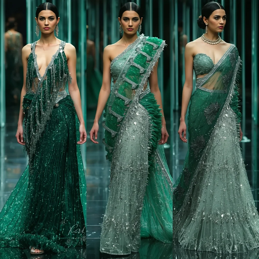Emerald Moonlight Prism Saree with Floating Halo Galaxy Corridors | Prompt For Gemini Ai Girl Model Instagram