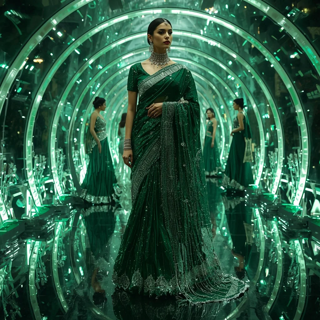 Emerald Moonlight Prism Saree with Floating Halo Infinity Crystal Corridors | Saree Ai Prompt