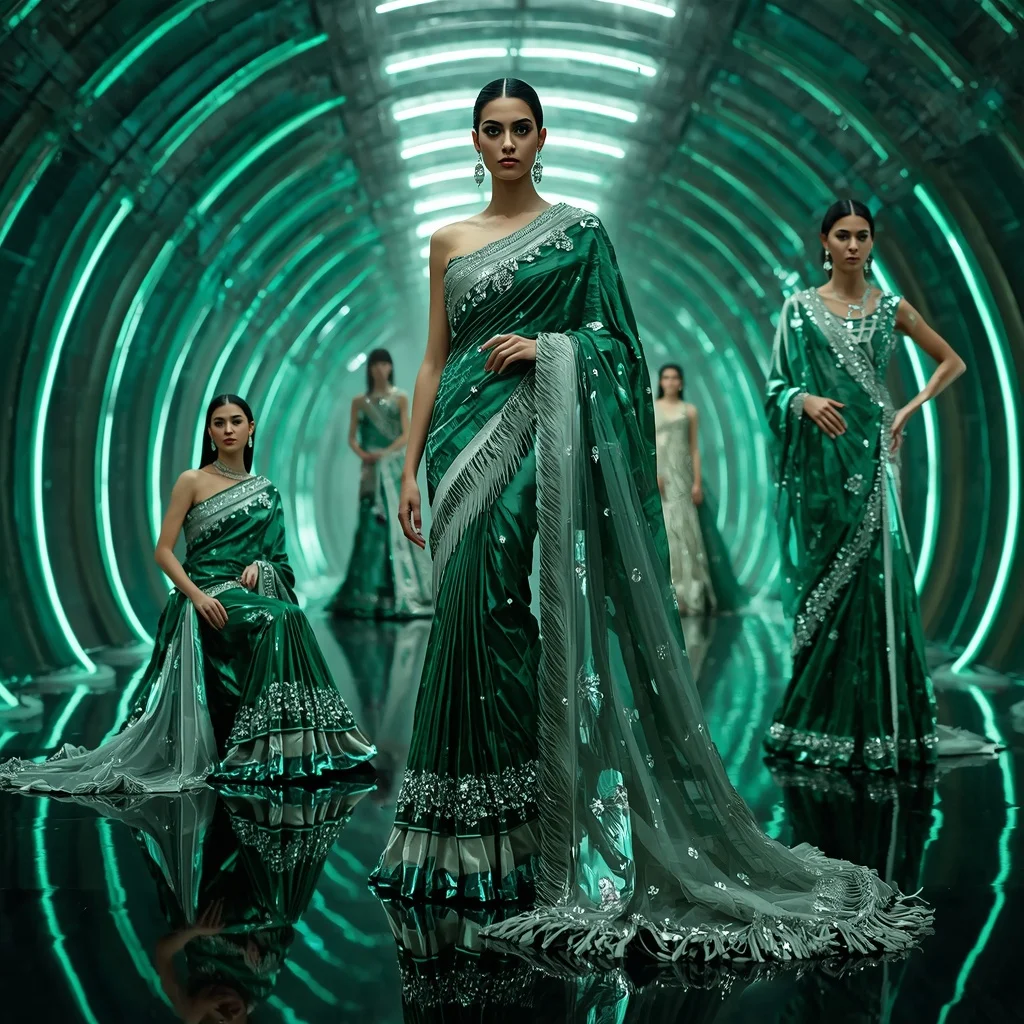 Emerald Moonlight Prism Saree with Floating Halo Orbit Corridors | Prompt For Gemini AI Girl Trending