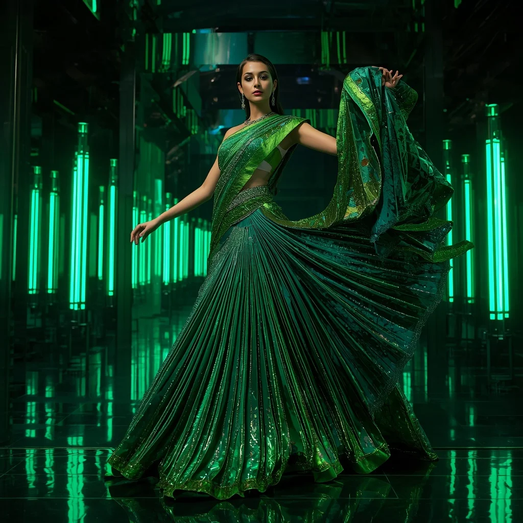Emerald Nebula Eclipse Saree with Floating Laser Obelisks | Desi Girl Ai Prompt