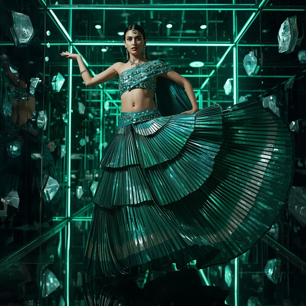 Emerald Nebula Infinity Saree with Floating Laser Crystal Hallways | Prompt Seen Trending Girl