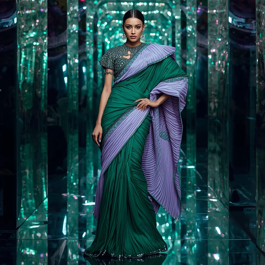 Emerald Neon Mirage Saree with Floating Geometry Reflection Orbit Infinity Hall | Indian Girl Ai Prompt