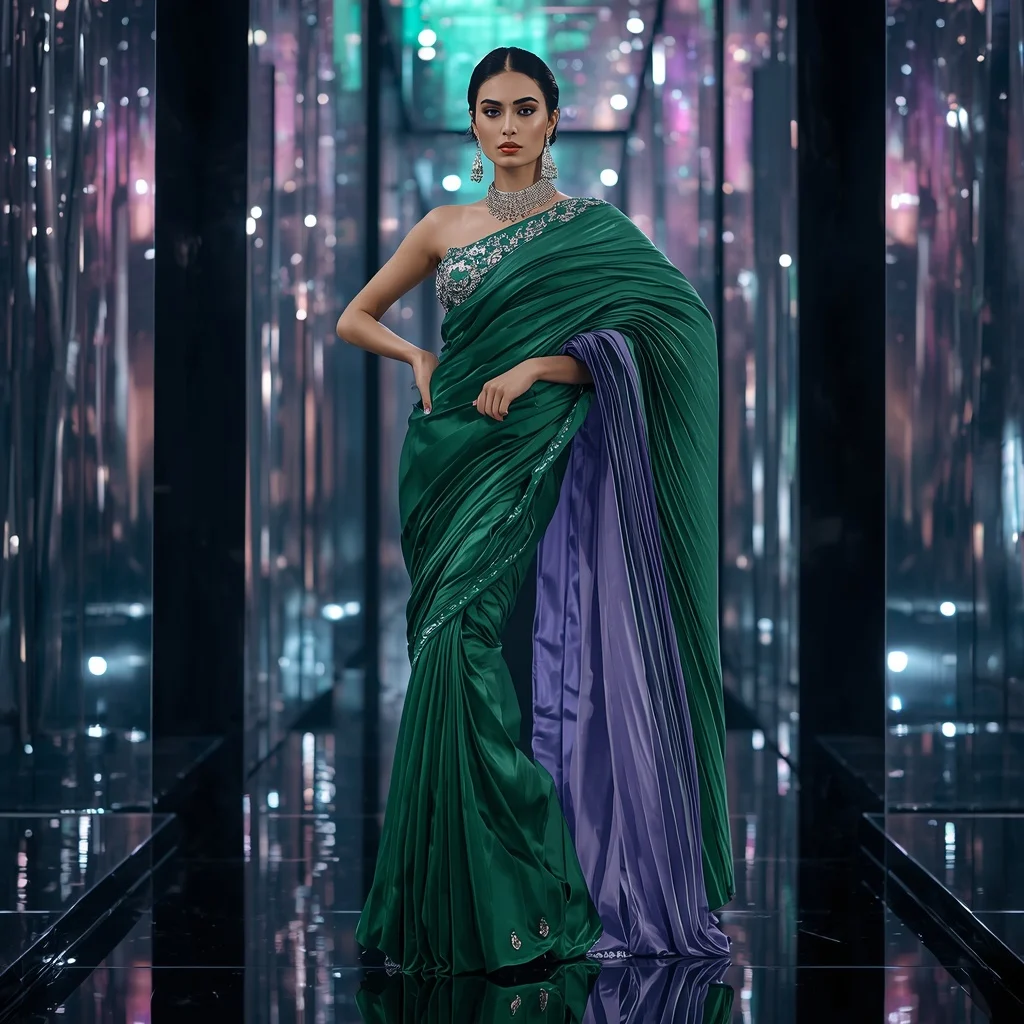 Emerald Neon Velocity Saree with Floating Geometry Reflection Galaxy Infinity Corridor | Desi Girl Ai Prompt