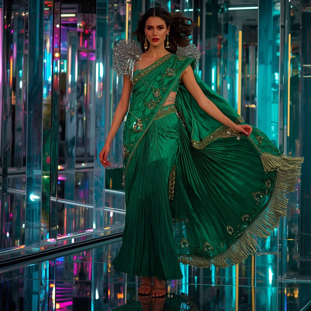 Emerald Nova Crystal Saree with Floating Prism Reflection Observatory | Female Model Ai Prompt