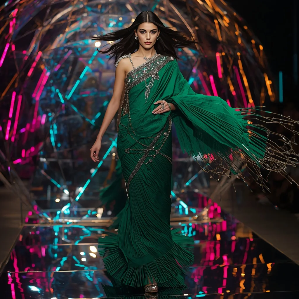 Emerald Nova Fantasy Saree with Floating Prism Reflection Dome | Indian Girl Ai Prompt